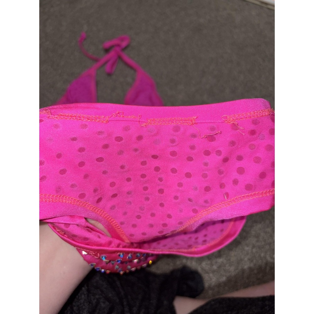 Pink Rhinestone Triangle High Waist Bikini Set Rave Pole Exotic Dance - Picture 7 of 9